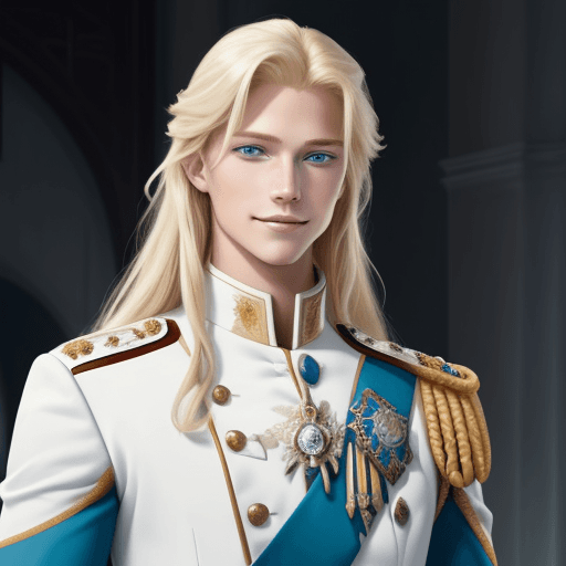 AI generated: generates a prince charming, blond with blue eyes and long hair, tall and muscular, chivalrous with ...
