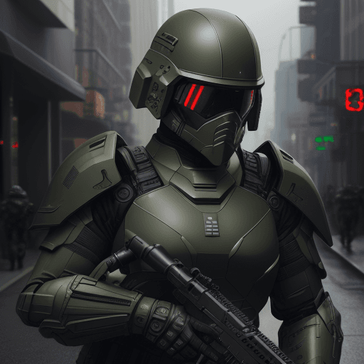 AI generated: Futuristic soldier with advanced armor, weaponry, and helmet, dark army green, street, overcast, ref...