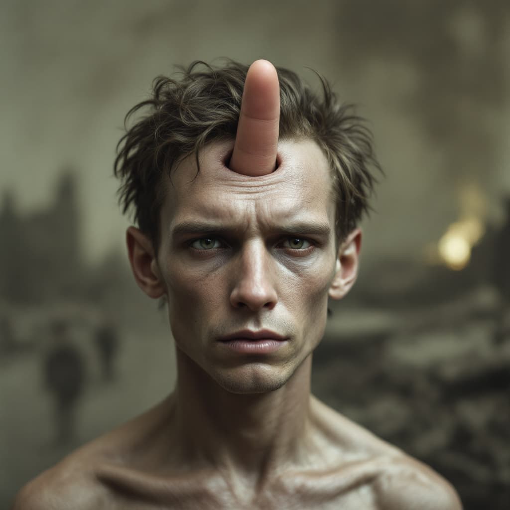 AI generated: A skinny male model. A finger is growing out of his forehead. The Holocaust is taking place in the b...