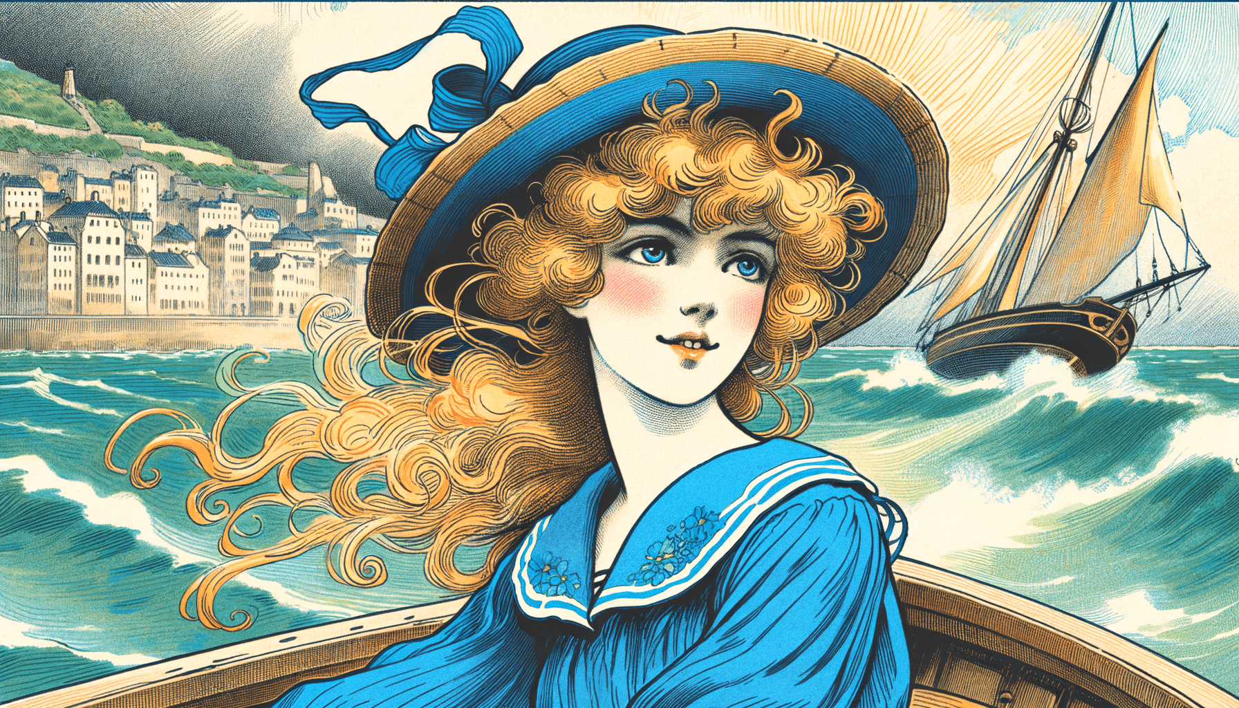 AI generated: image: style manga, attractive woman in a blue dress and straw hat, windblown long blonde hair and f...
