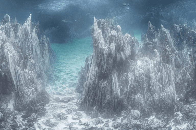 AI generated: hudge underwater cathedral,  the coast of the island in the background, [sunrise in a clear morning]...