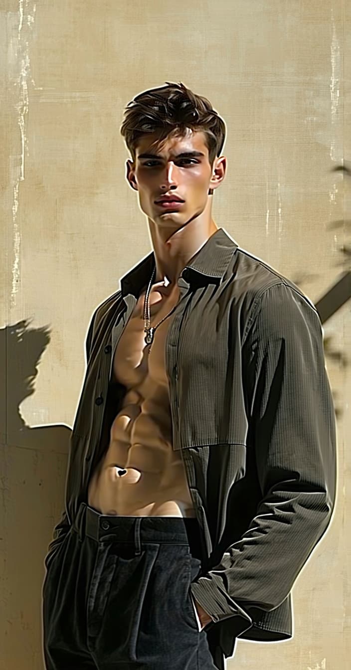 AI generated: Create a realistic high-fashion male model appearance. Physical presence: - Tall, elongated posture ...