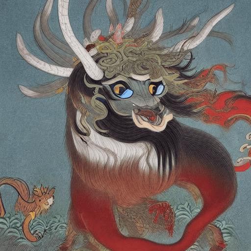 AI generated: Kirin, is a mythical creature in ancient China, from shanhai classic, they are painted with the lion...