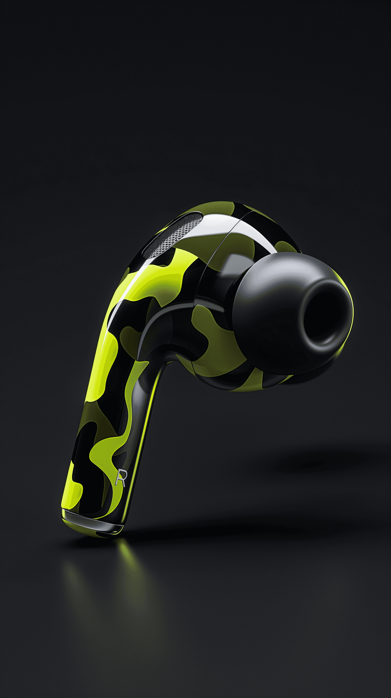 AI generated: productive photography, concept design, Apple AirPods Pro 2, green camouflage pattern, black matte e...