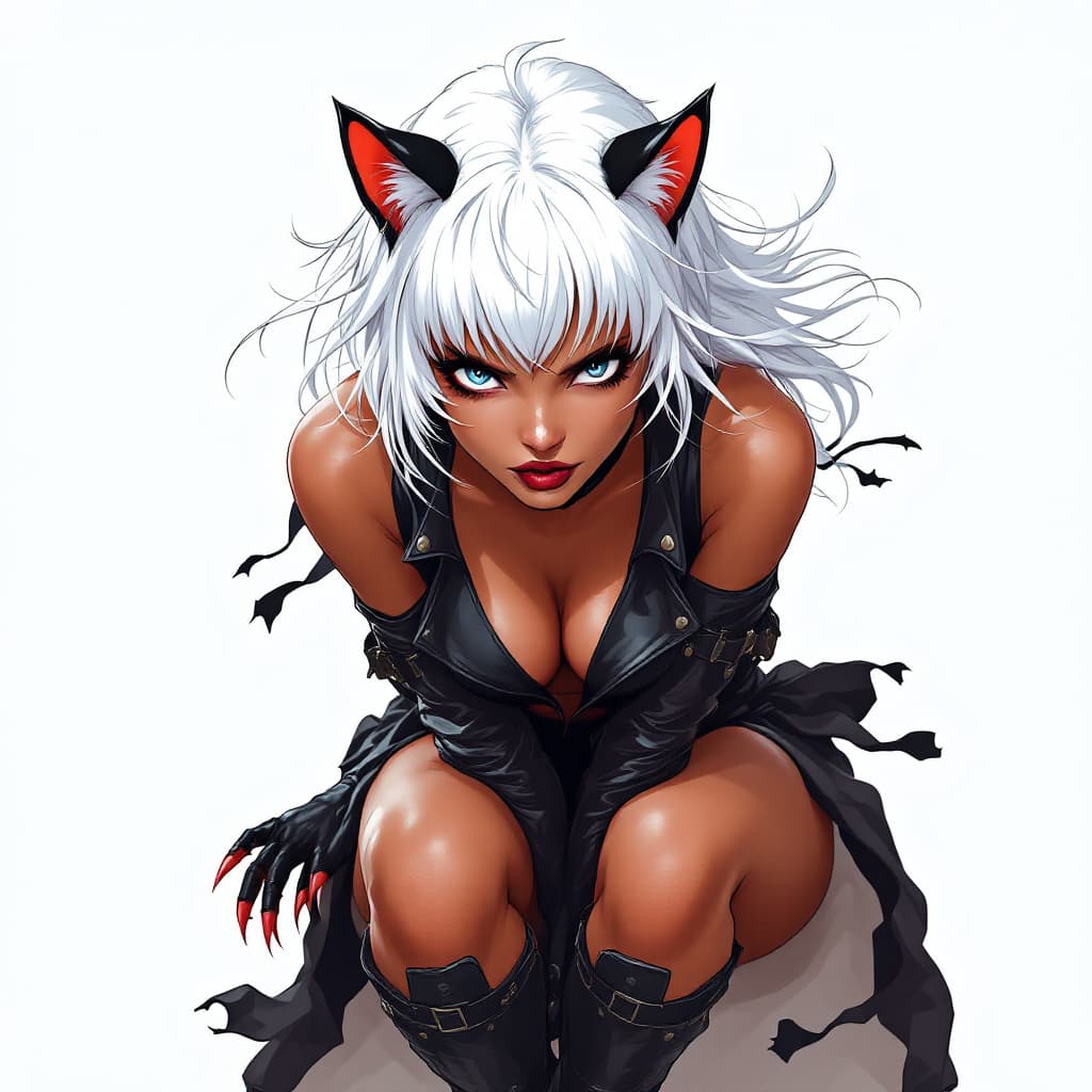 AI generated: Comic book cover illustration, full body shot of a white-haired girl with brown skin, with catlike c...