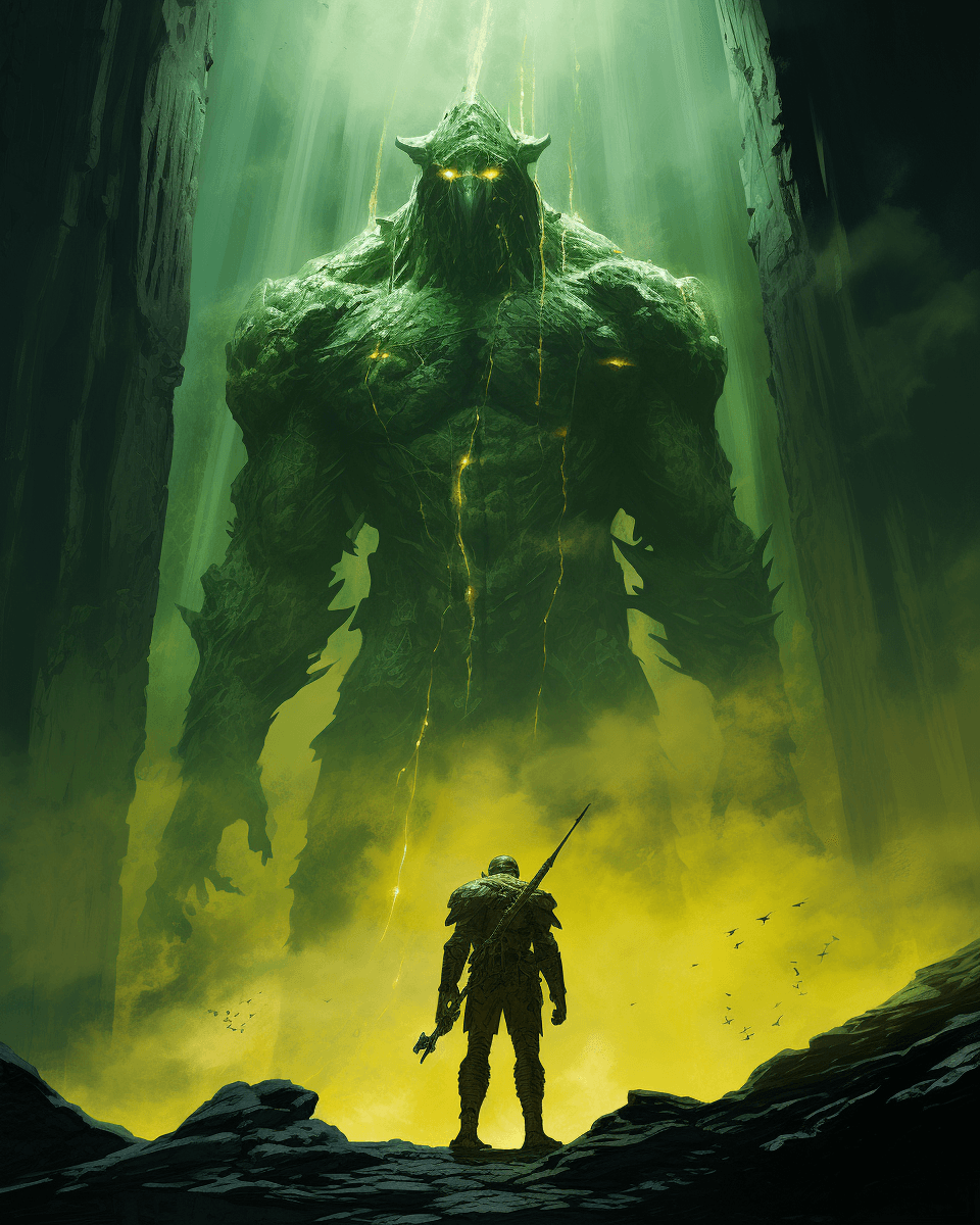 AI generated: A giant, ominous figure made of green crystals stands in the background with yellow mist around it a...