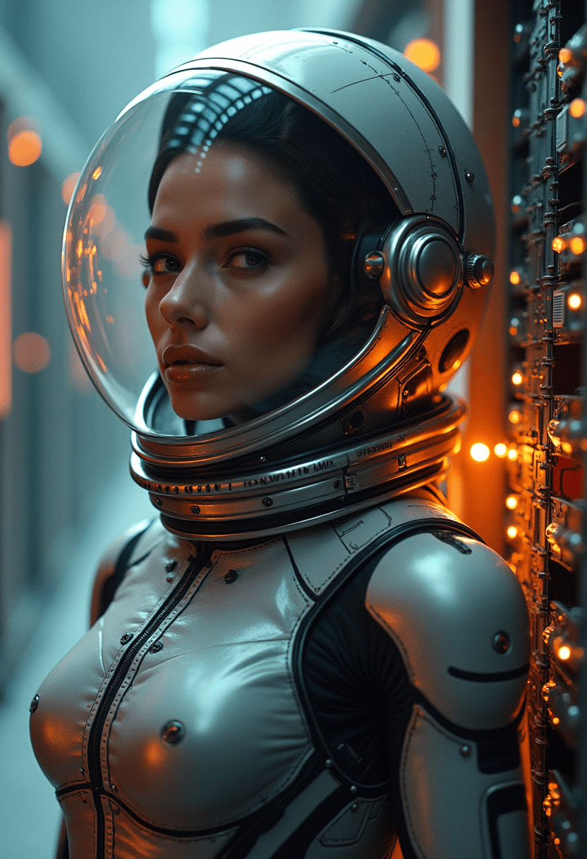 AI generated: Astronaut, wearing futuristic astonaut outfit with space helmet, beautiful body and face, very breat...