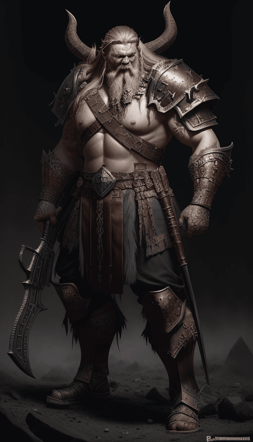 AI generated: World of Warcraft illustration of a large viking character with AK-56 rifle, dark bronze and red, cr...