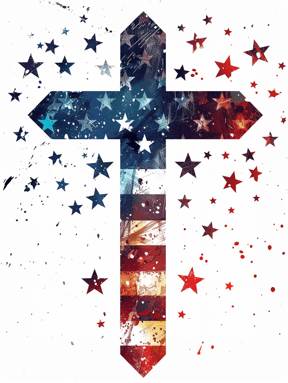 AI generated: A cross in the shape of an American flag, stars and stripes pattern, high resolution vector graphic,...
