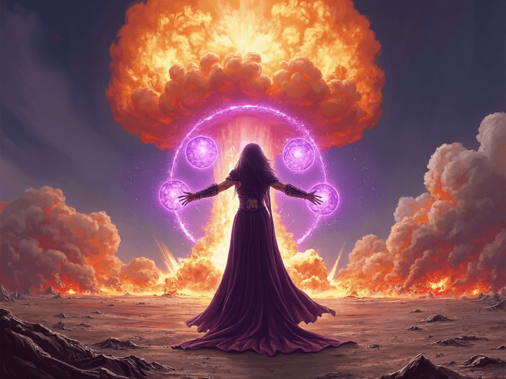 AI generated: In a classic hand-painted fantasy style, a powerful and beautiful fully (((naked)) )sorceress stands...