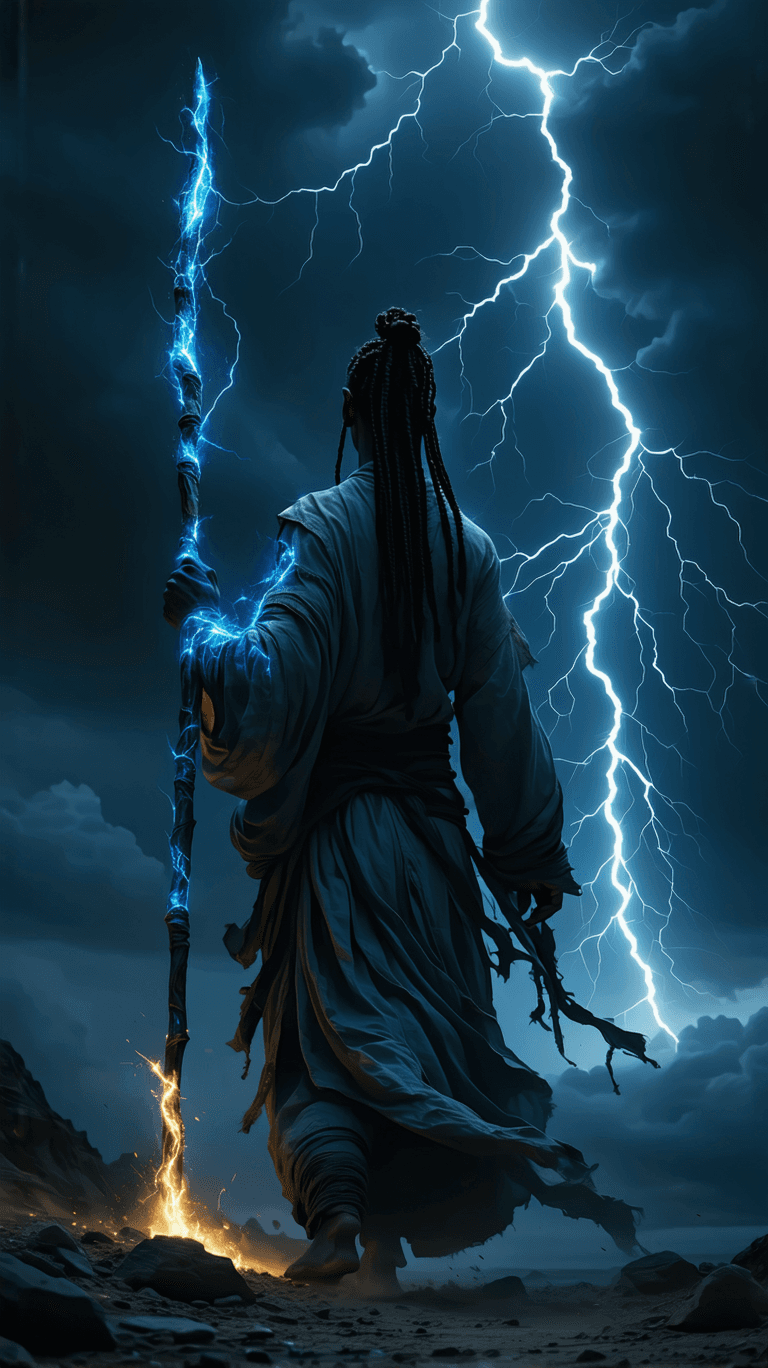 AI generated: A powerful storm charmer, with braided hair intertwined with living lightning bolts and skin that se...