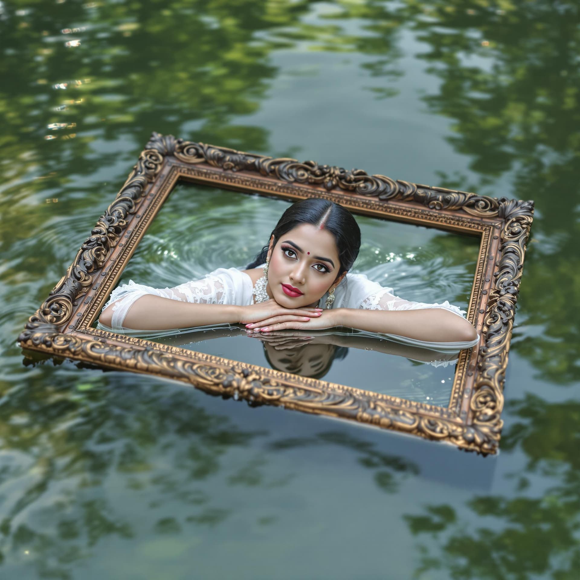 AI generated: A visually captivating photograph shows a Kerala woman submerged in water up to her shoulders, frame...