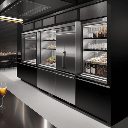 AI generated: front view upright freezer with glasdoor color is black 
 inside a bustling high-end restaurant kitc...