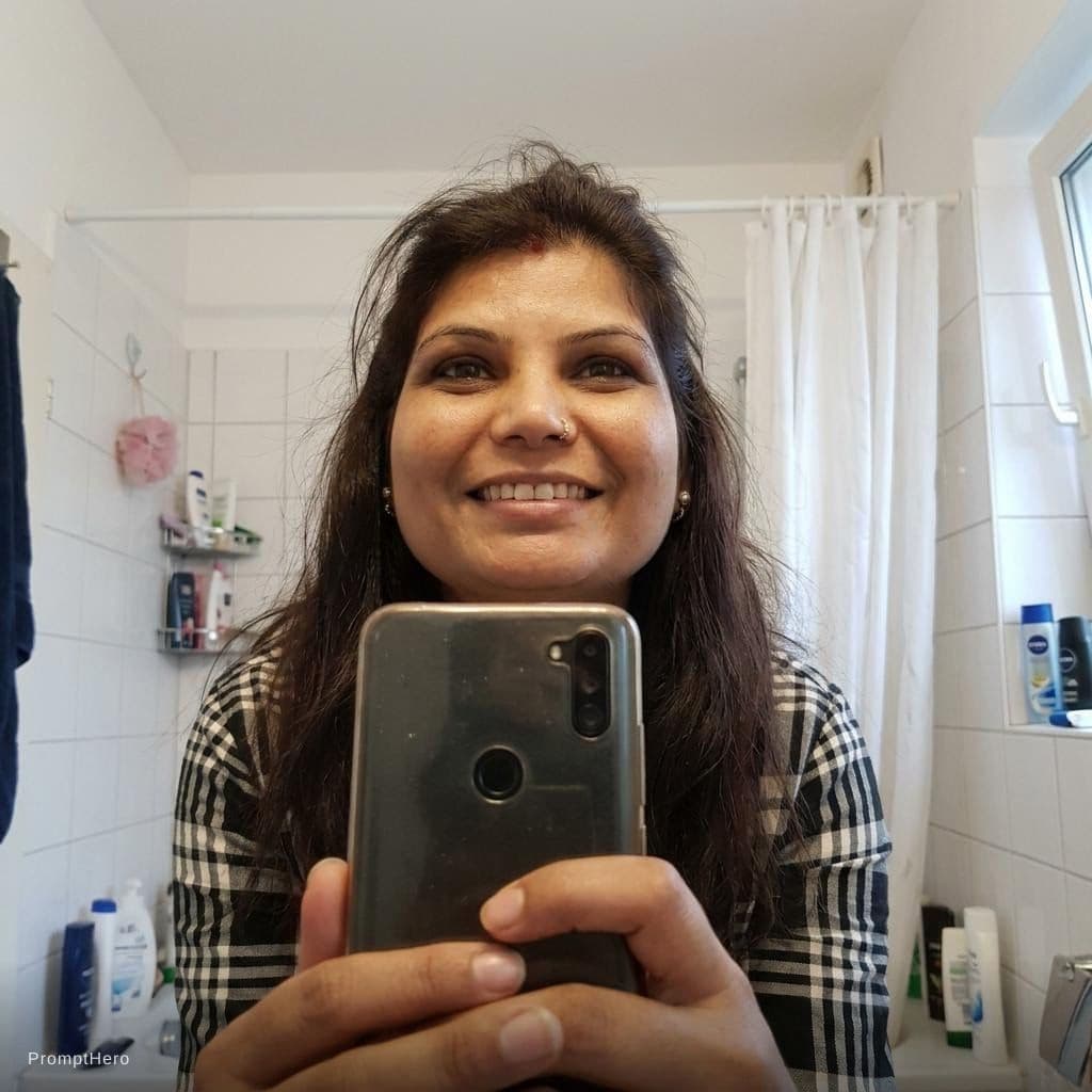AI generated: frontal selfie taking a lower angle selfie goofy style for boyfriend in bathroom, manitain same face...