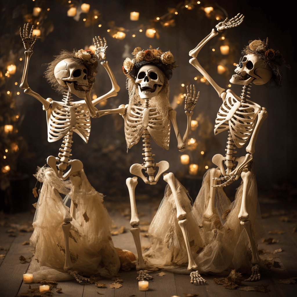 AI generated: Smiling and dancing three halloween skeleton