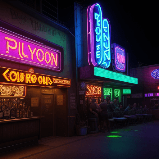 AI generated: Shadowrun front view of bar puyallup named "gorgon 2" broken neon on the sign