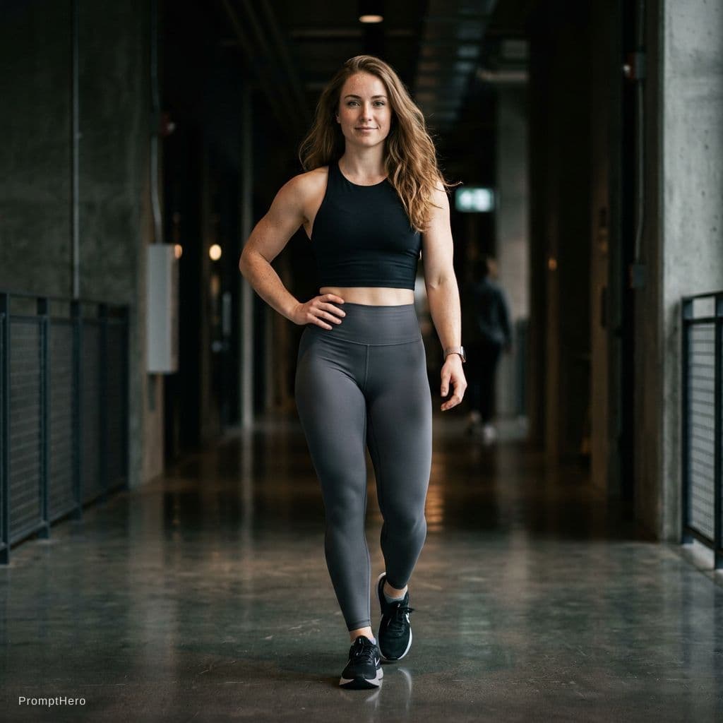 AI generated: Ultra-realistic full body photograph of a confident athletic woman walking forward in a dimly lit in...