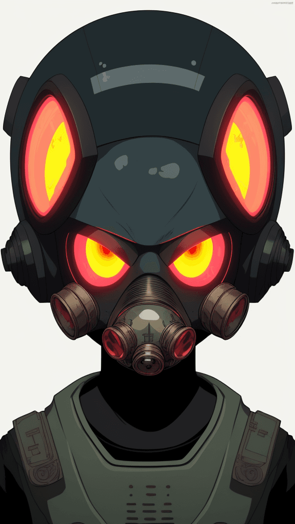 AI generated: mugshot photo, portrait of a little mohawk alien. Wearing a gas mask. glowing eyes, illustration, an...