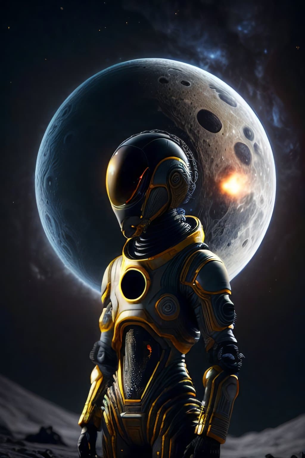 AI generated: epic, masterpiece, alien friendly standing on moon, intricated organic neural clothes, galactic blac...