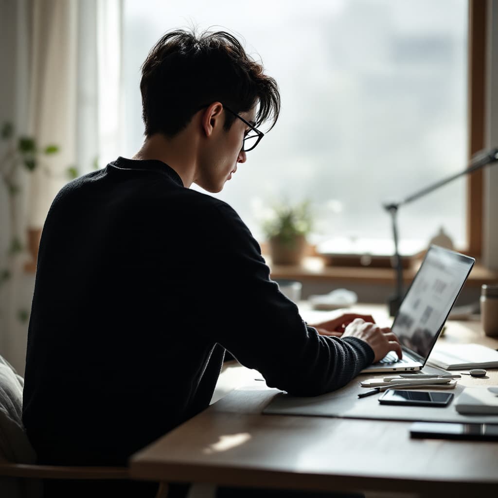 AI generated: modern, minimalist workspace, focused designer korea hansome young man silhouete at a wood desk, sur...