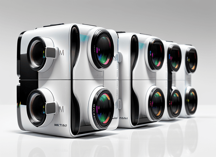 AI generated: Four different slim cameras, on a glossy white surface, front view, hyper realistic, highly detailed...