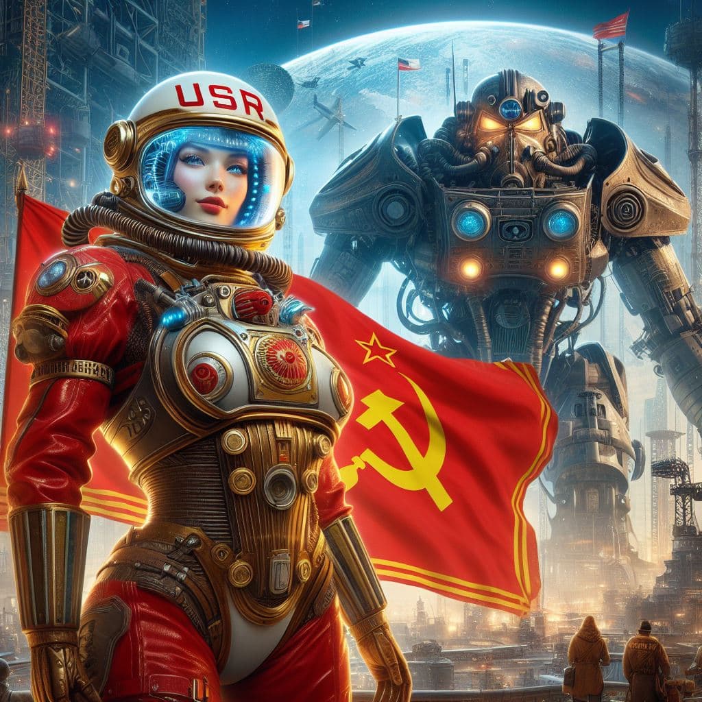 AI generated: USSR First in Space magazine cover photo, ultra modern space girl of the future from USSR, USSR flag...
