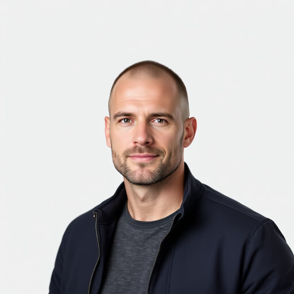 AI generated: Studio portrait of a 44-year-old white American man, pale skin, close-cropped brown hair, clean-shav...