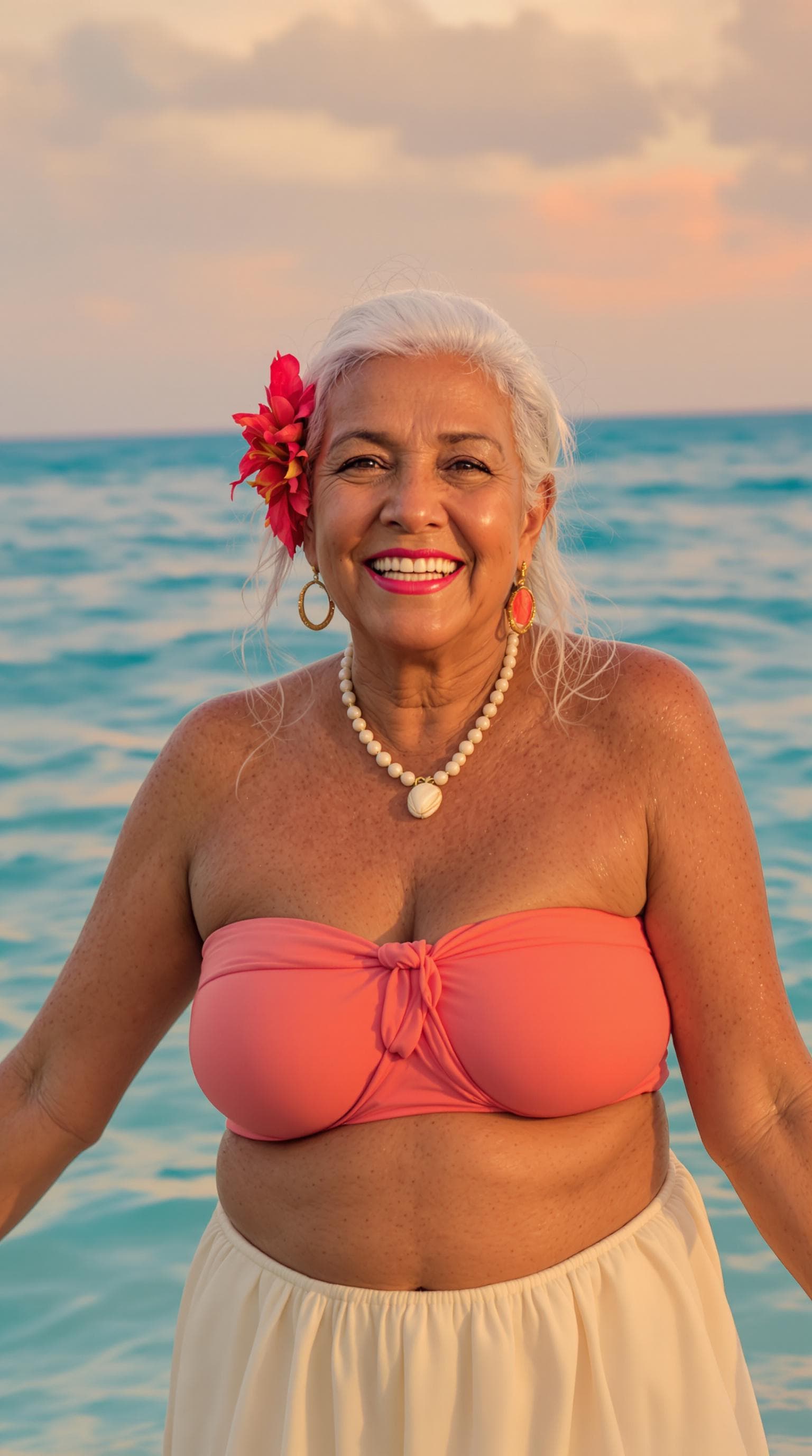 AI generated: Full body photorealistic image of an elderly Polynesian woman inspired by Gramma Tala; medium shot s...