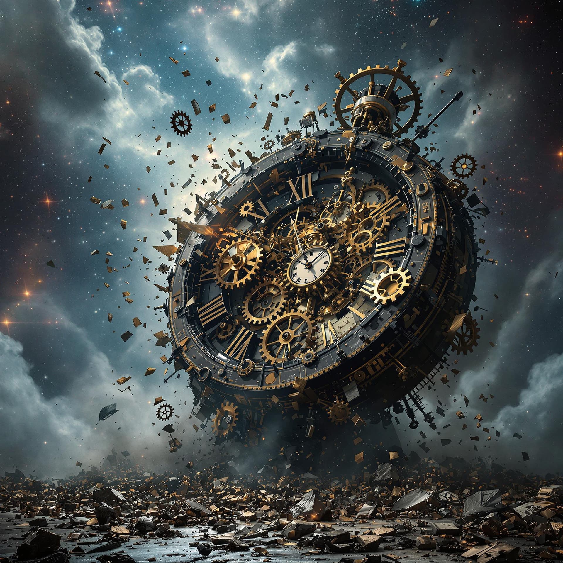 AI generated:  Steampunk style, shattered clock mechanism, cosmic universe background, tiffany mist, catastrophic ...
