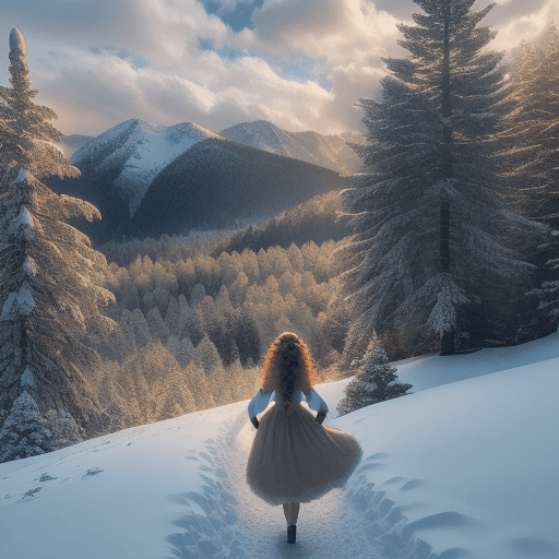 AI generated:  A beautiful mountainous view at the foot of the mountains, pine trees covered with snow, small deer...