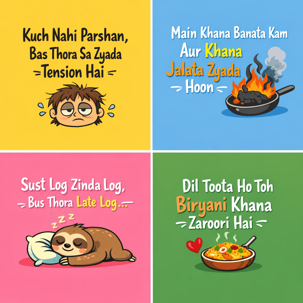 AI generated: MAKE AN IMAGES OF FUNNY QOUETS BACK GROUND SIMPLE COLOURS QOUTES WRRITEN IN ROMON URDU 