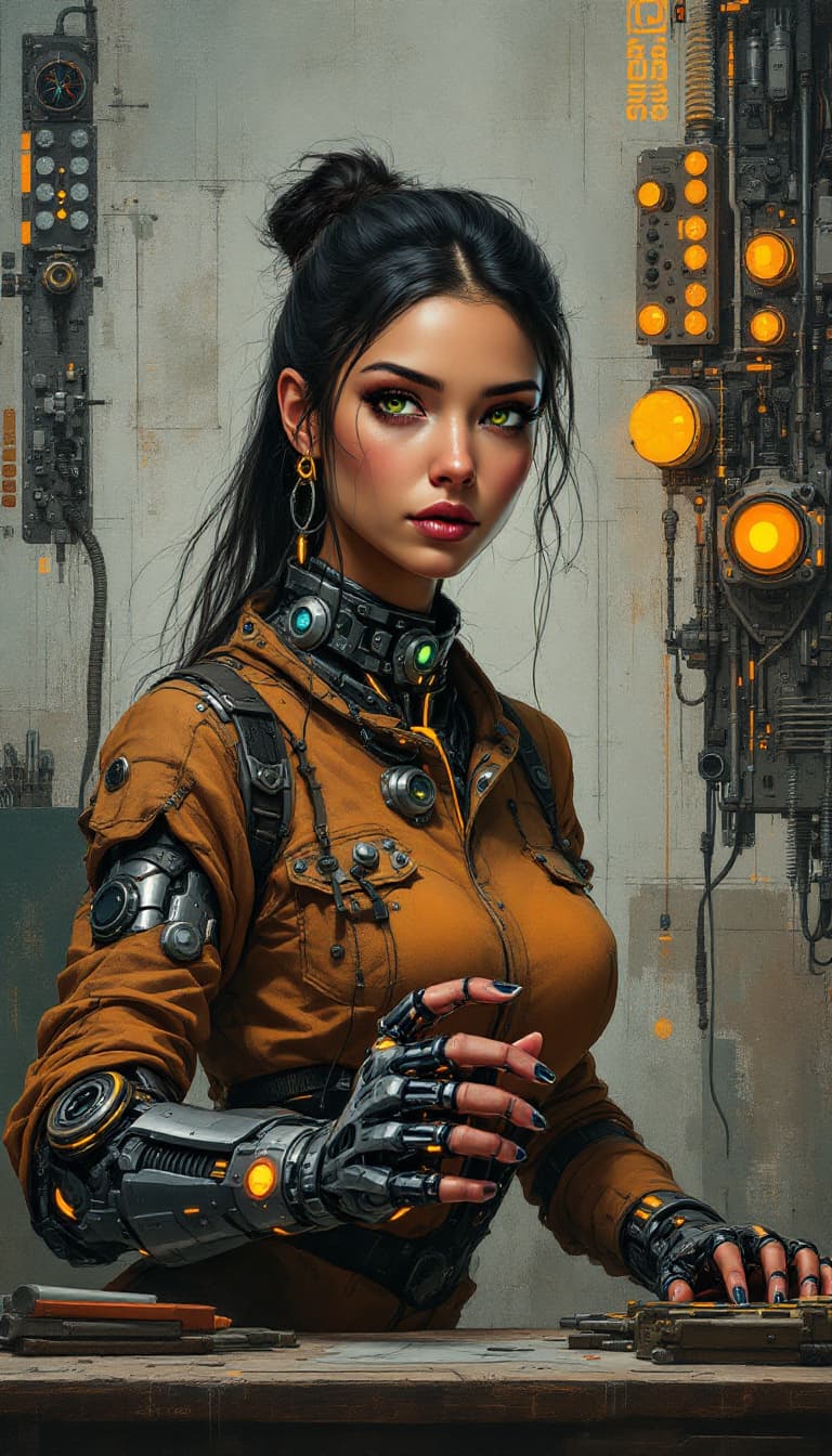 AI generated: "Amber Artificer in a Cybernetic Workshop": A powerful abstract painting portrays an artificer, with...