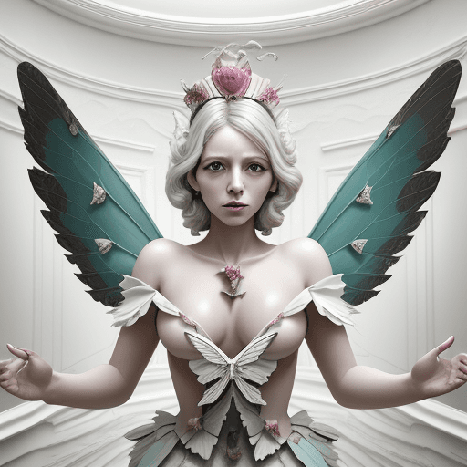 AI generated: Crowned Hairstreak, open wings with baroque wing details, sharp details, raspberry and sage, carrava...