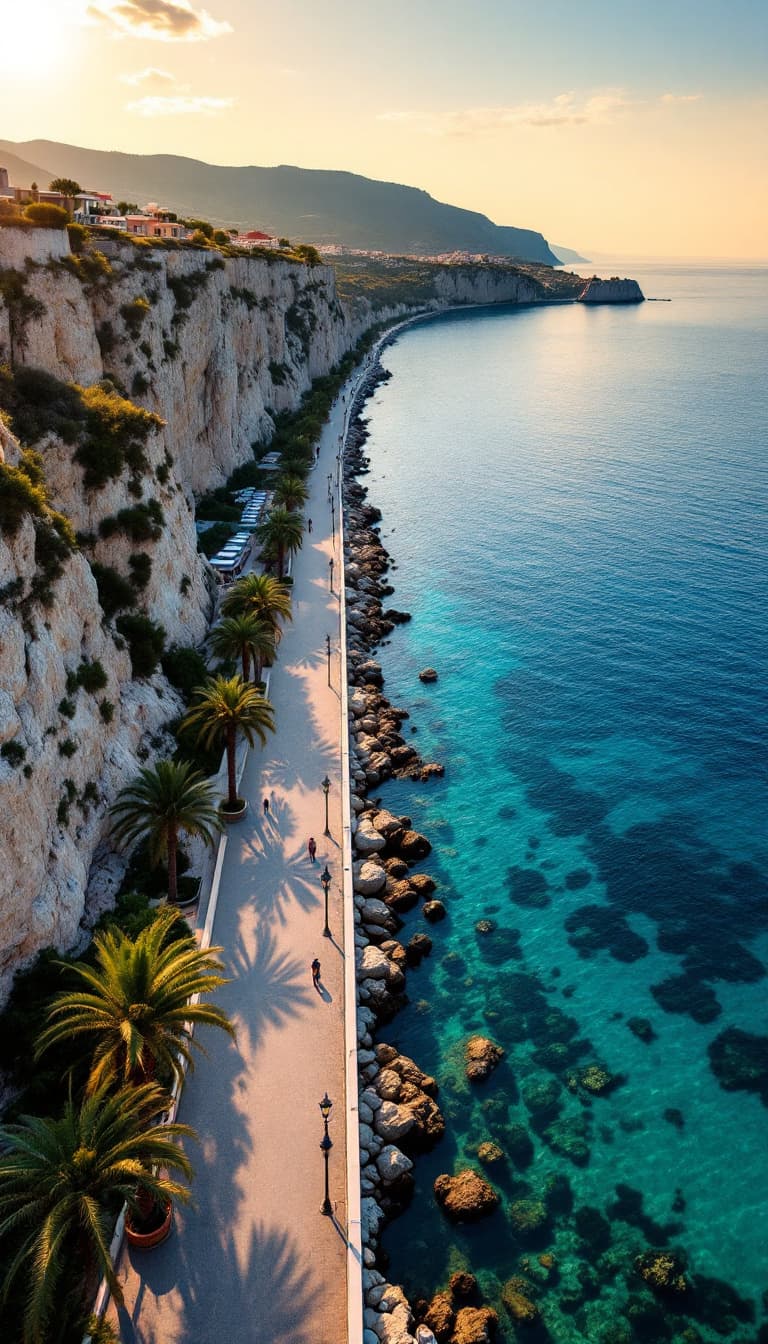 AI generated: An aerial drone view of a beautiful waterfront promenade in Crimea. The scene showcases a winding pa...