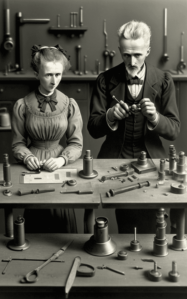 AI generated: This image should vividly portray Marie and Pierre Curie's shared exploration into the world of radi...