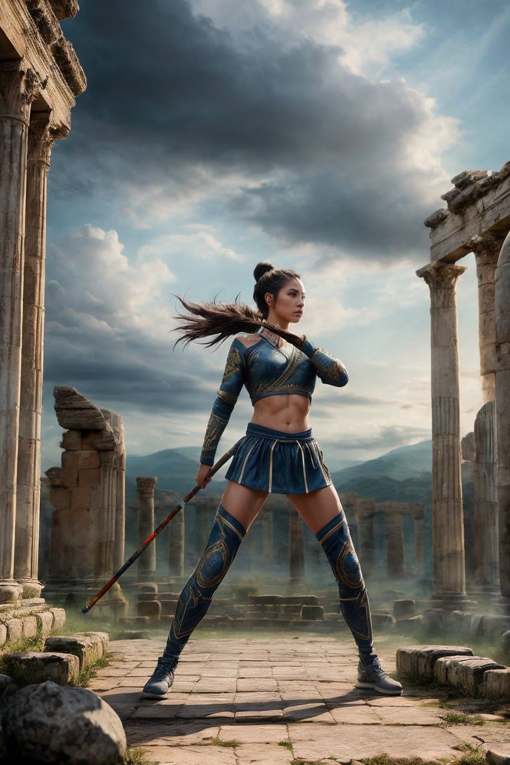 AI generated: warrior woman thin athletic (robes pants boots:1.1) (fighting:1.1) stance arena ancient ruins beauti...