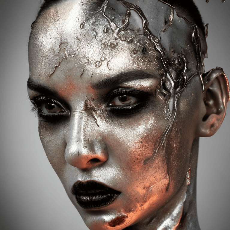 AI generated: Cyborg, front view, metallic skin, melting into the patinated background, brilliant modern abstract ...