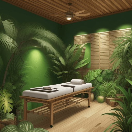 AI generated: "Design a tropical-themed spa room in my narrow space (1.5 meters wide by 2.5 meters long). Use a vi...