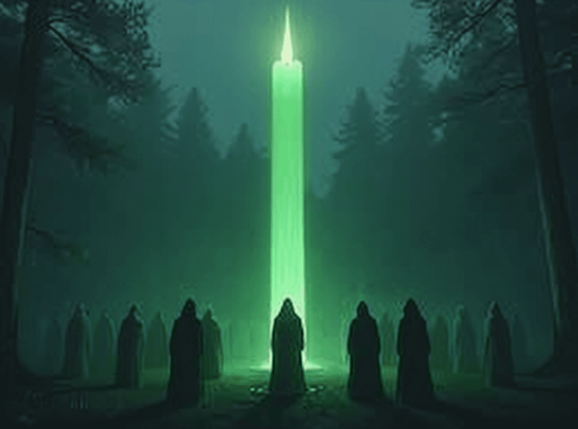 AI generated: A group of a secta manifesting a big green candle in the middle of the night in a forest. The candle...