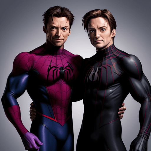 AI generated: HUGH JACKMAN IN A PURPLE WOLVERINE COSTUME VERSUS TOBY MAGUIRE IN A BLACK SPIDER-MAN COSTUME