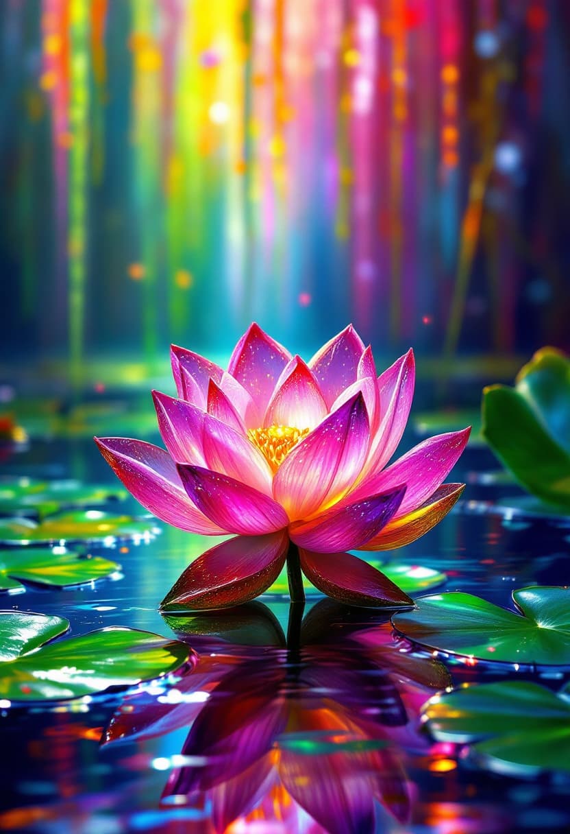 AI generated: Bright Colors, Vibrant 3D Transparent Lotus, With Few Shiny Leaves In The Pond Rainbow background in...