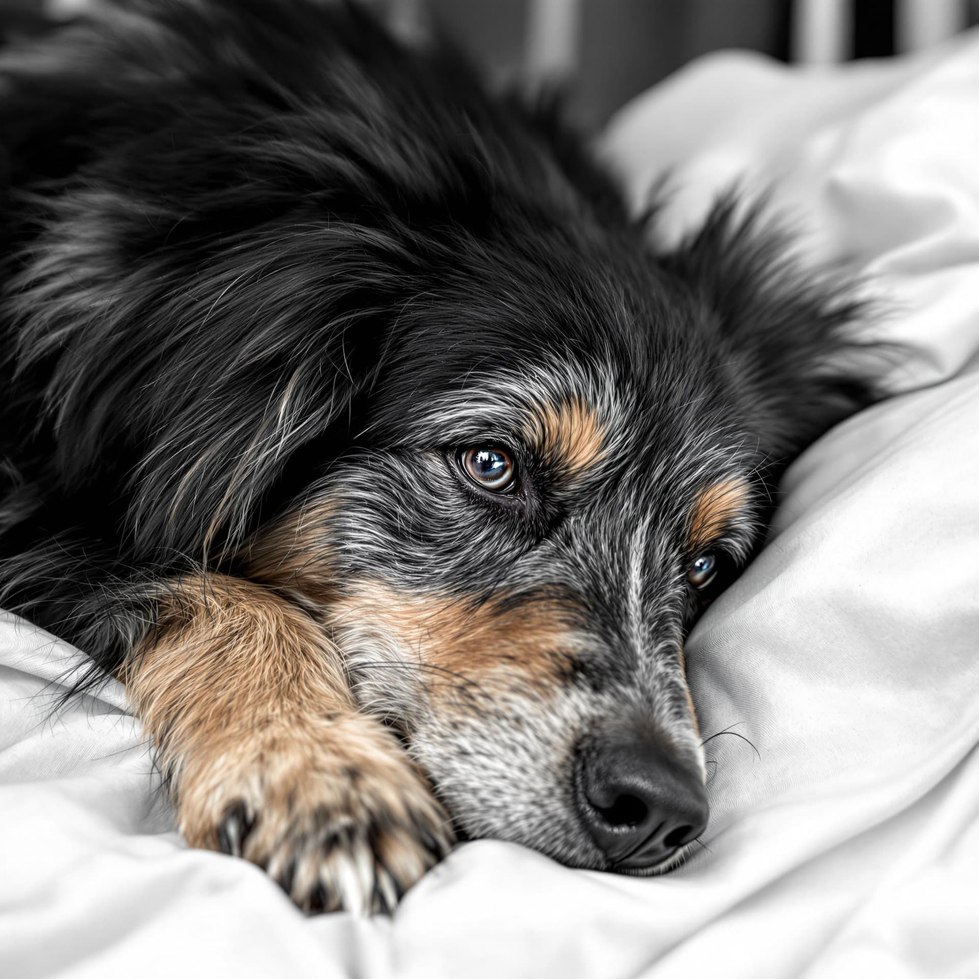 AI generated: A very old dog lies curled up on a hospital bed beside the waist of its aging male owner. Only the w...
