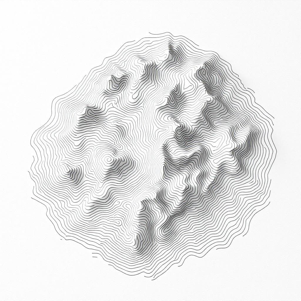 AI generated: A minimalist top-down view of a landscape drawn with contour lines. Black ink on a white background....