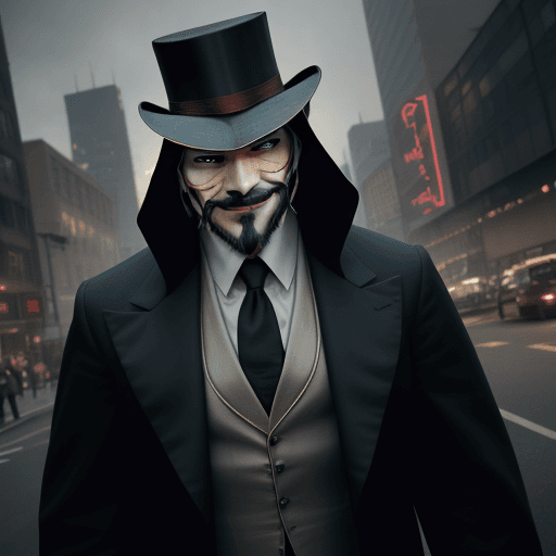 AI generated: cinematic 4K image of a photo-realistic, enigmatic character standing amidst urban, serious face, al...
