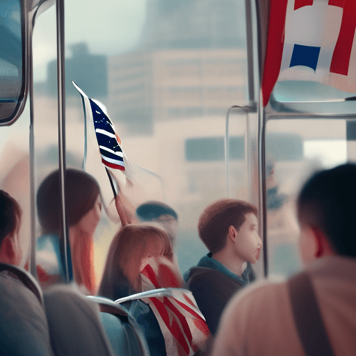 AI generated: Add some fans on the bus holding flags