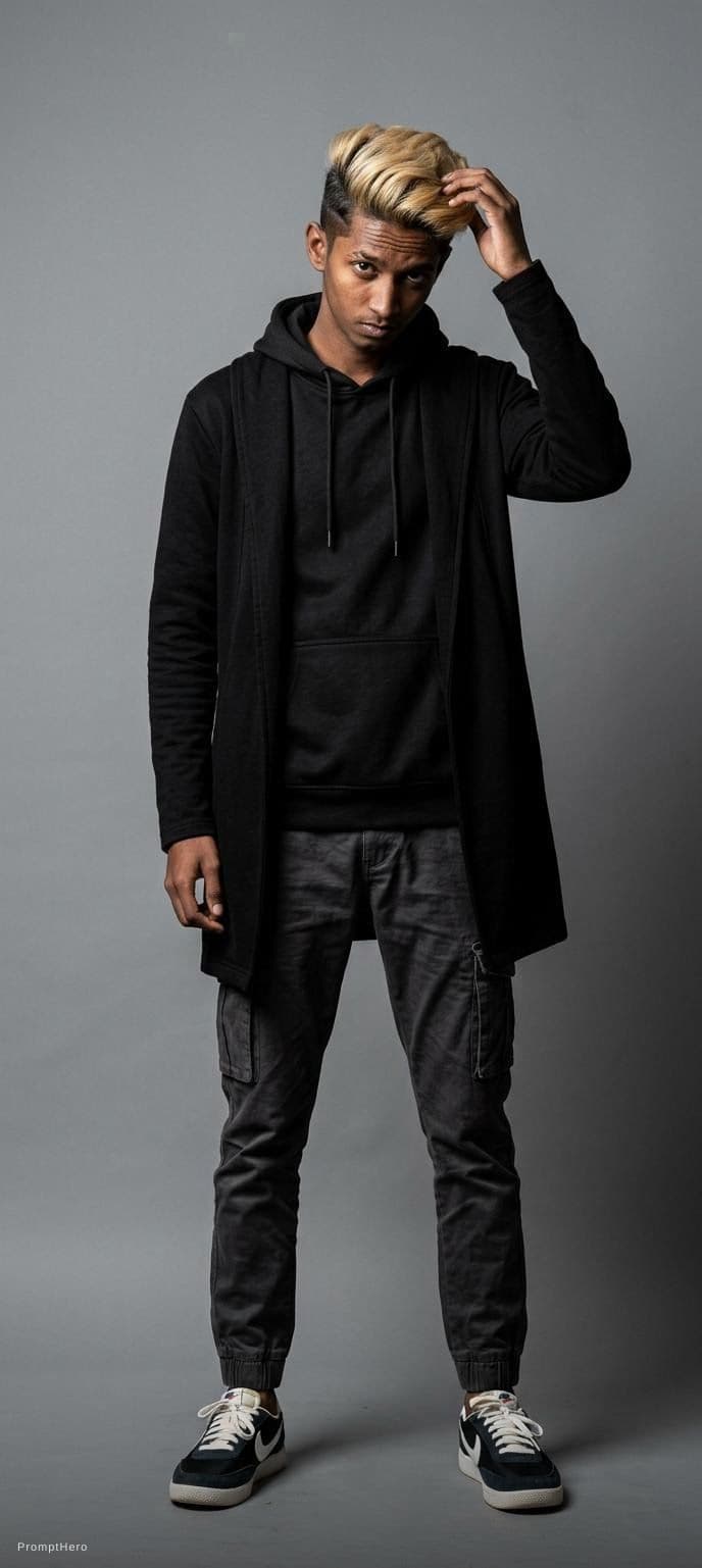 AI generated: photograph, front view, full-body shot, professional model, man, blonde color Undercut hairstyle, st...