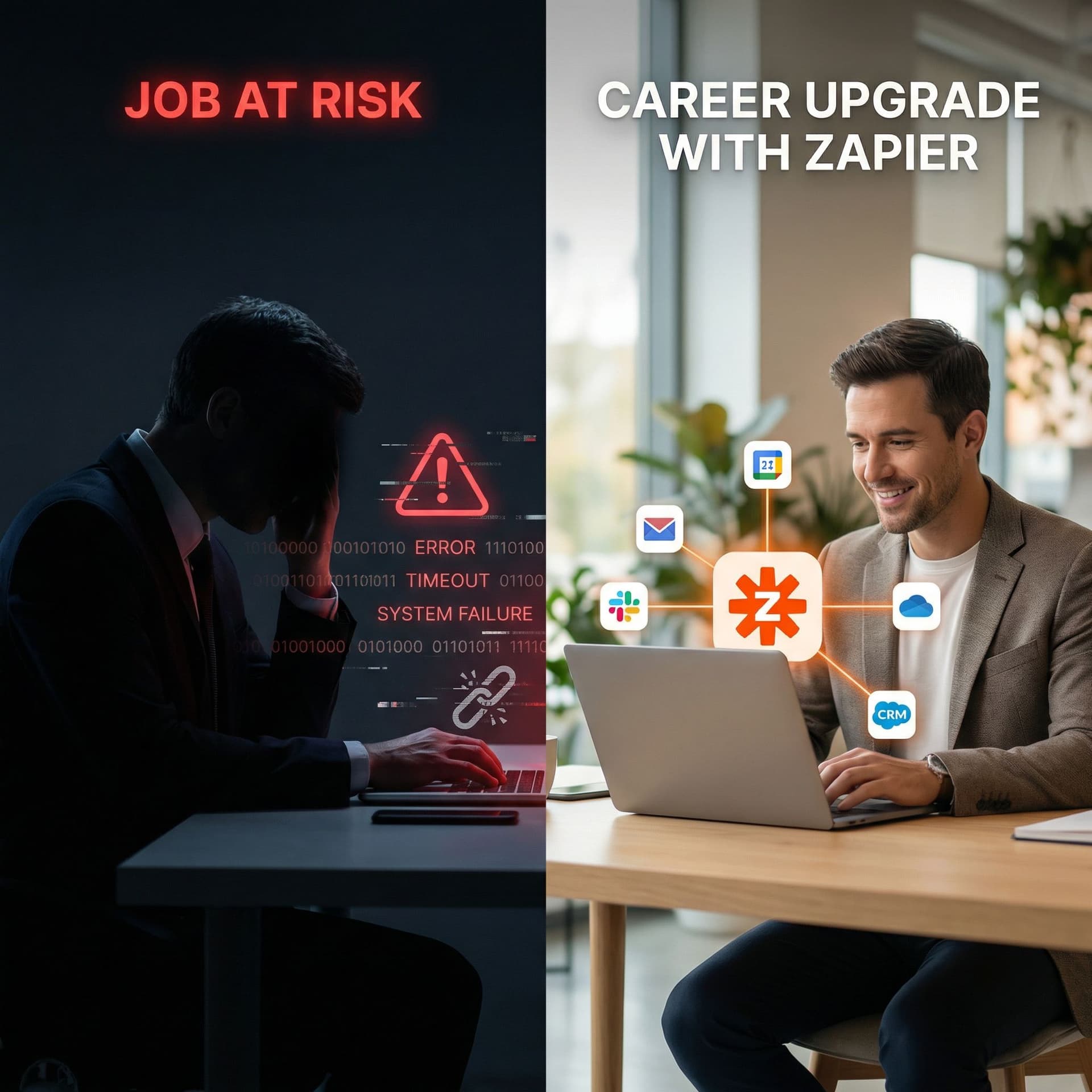 AI generated: Split-screen dramatic business scene.

LEFT SIDE:
Professional silhouette in shadow with warning-sty...