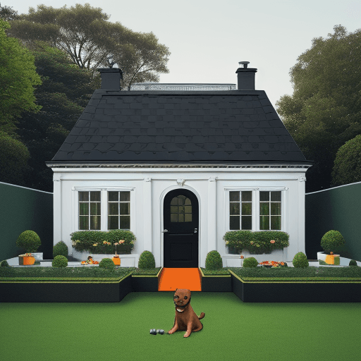 AI generated: a white house with a little garden with a bbq, black roof, green windows, swimmingpool, medium high ...