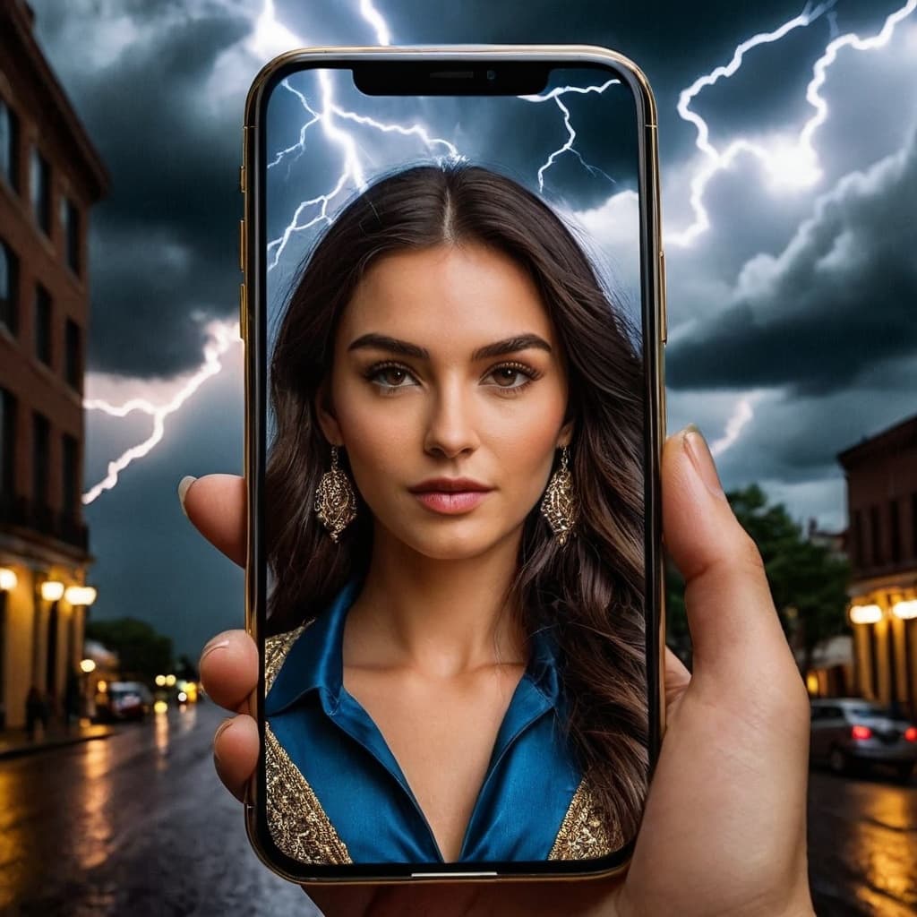AI generated: symmetry, A picture of a woman's selfie on a phone being uploaded to an Instagram story, background ...