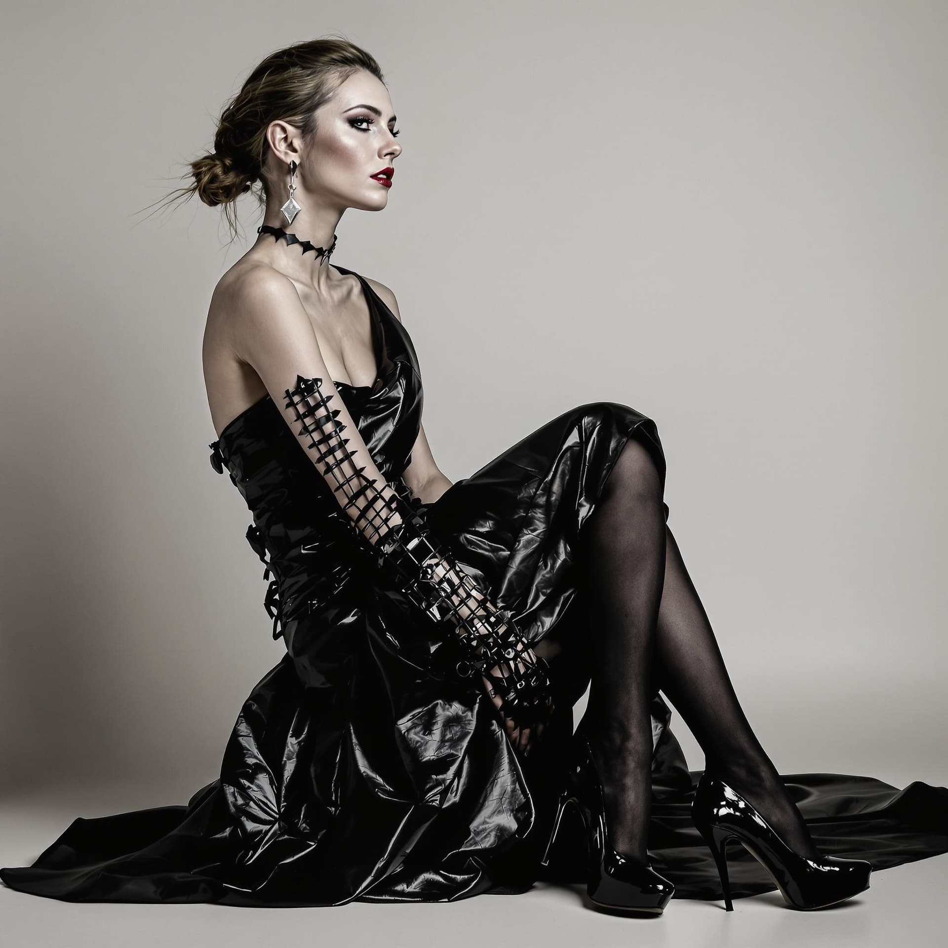 AI generated: a professional photography portrait of a woman with rough skin wearing black heels and a dress made ...
